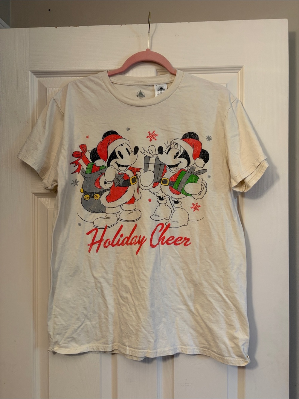 Disney Cream Holiday Cheer Mickey & Minnie Tee with Red and Green Accents